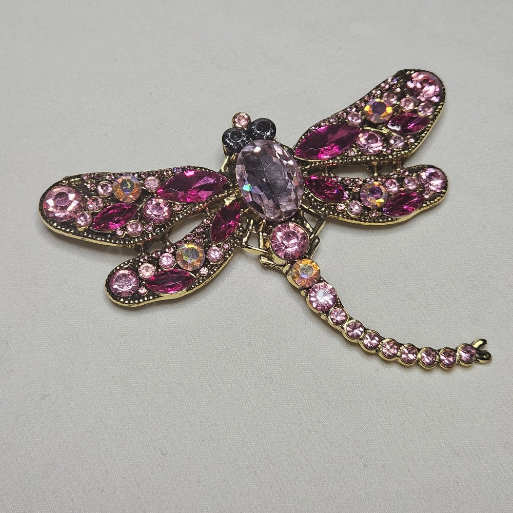 Dragonfly Brooch Pin Womens OS Pink Gold Tone Rhinestone Crystal Large